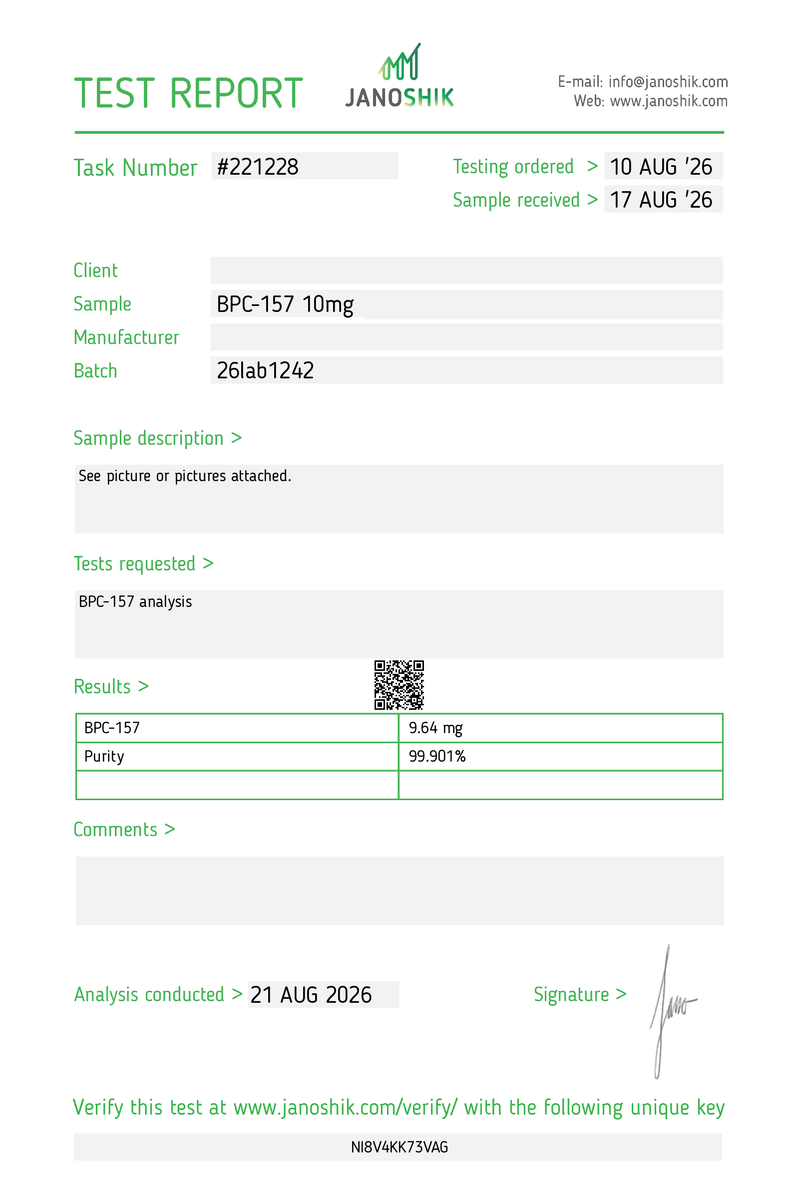 Certificate of Analysis (COA) BPC-157 by Janoshik