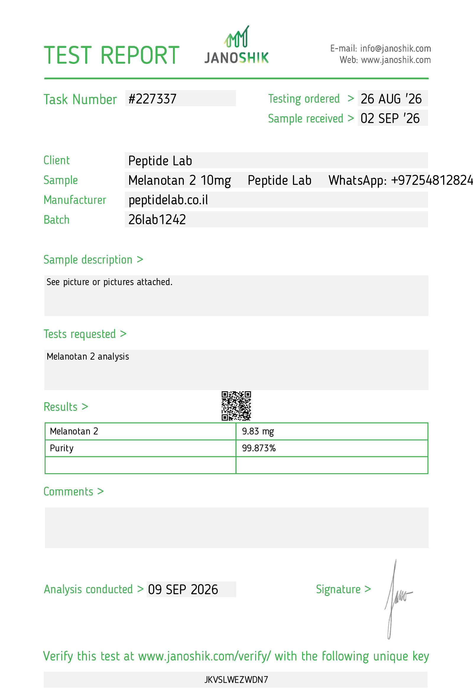Certificate of Analysis (COA) Melanotan 2 by Janoshik
