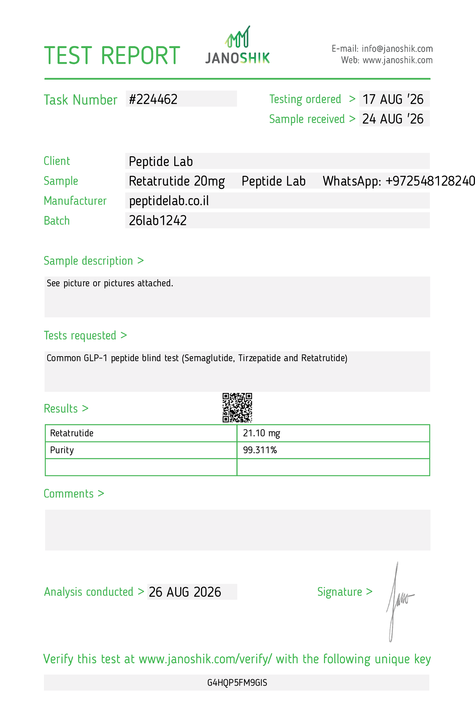 Certificate of Analysis (COA) RT by Janoshik