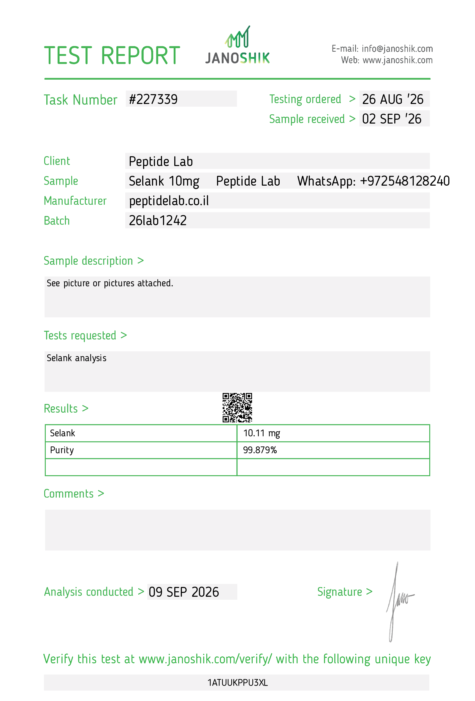 Certificate of Analysis (COA) Selank by Janoshik